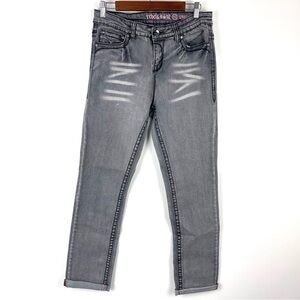Rebel & Soul Grey Straight Leg Jeans Bling Pockets Grunge Punk Size 12
